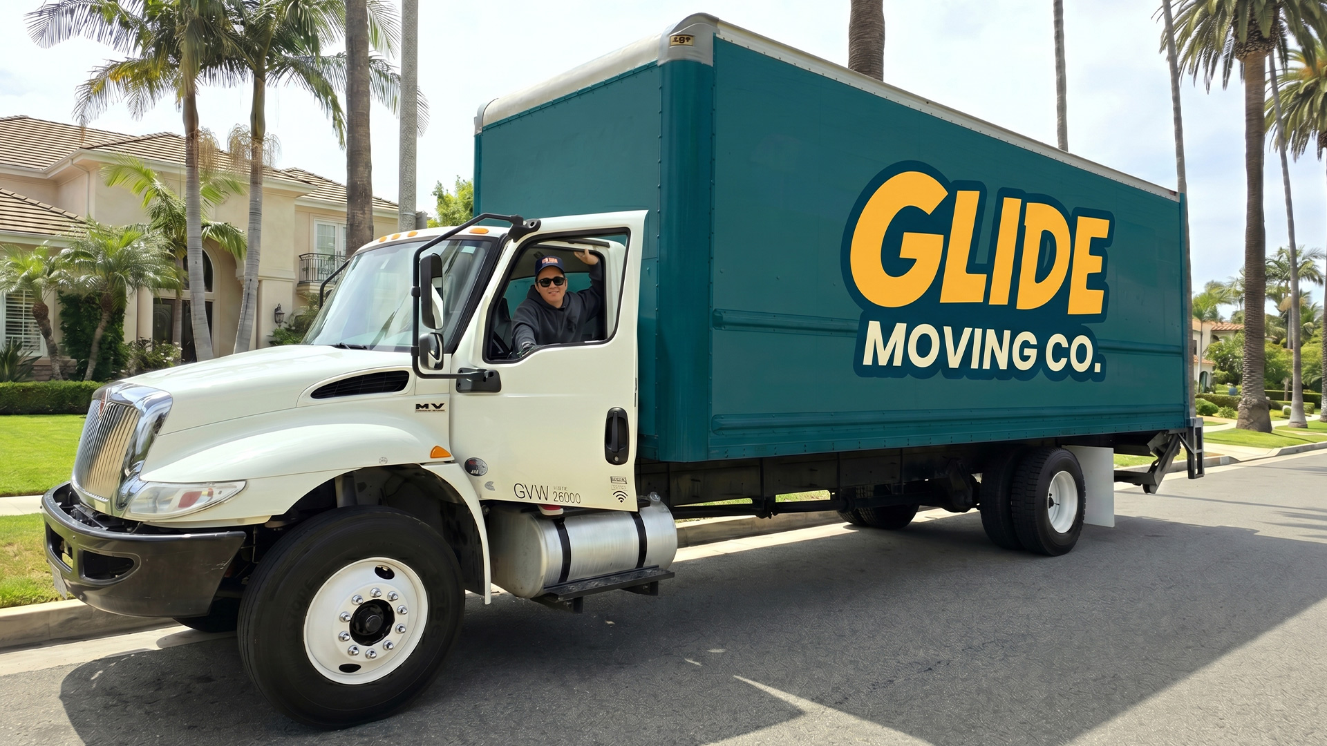 Glide Moving truck parked in Los Angeles neighborhood